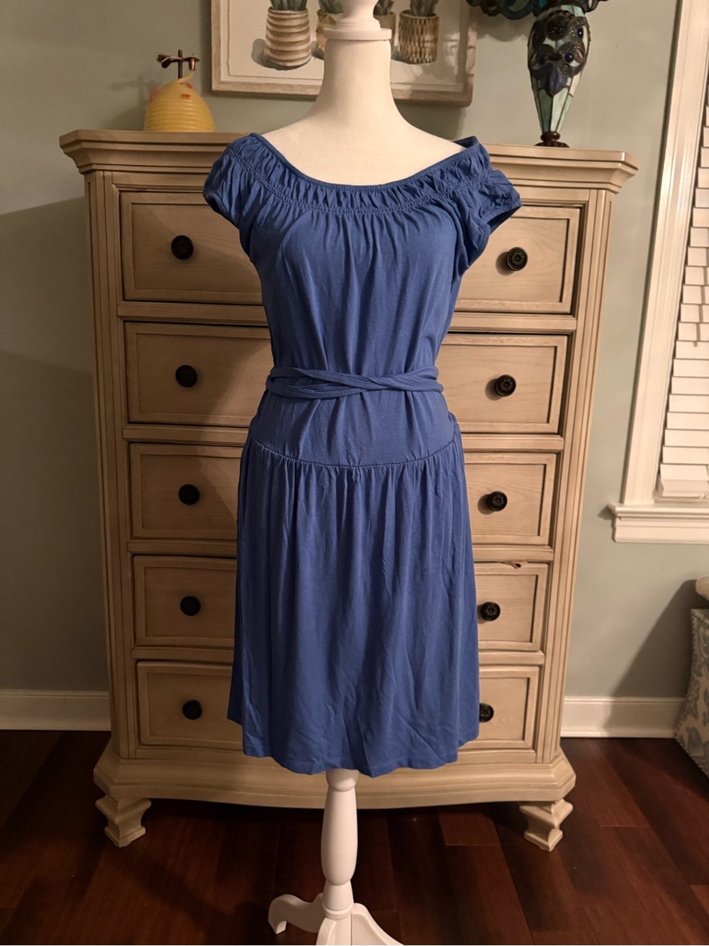 LOFT Periwinkle Blue Short-Sleeve Gathered Waist Midi Dress